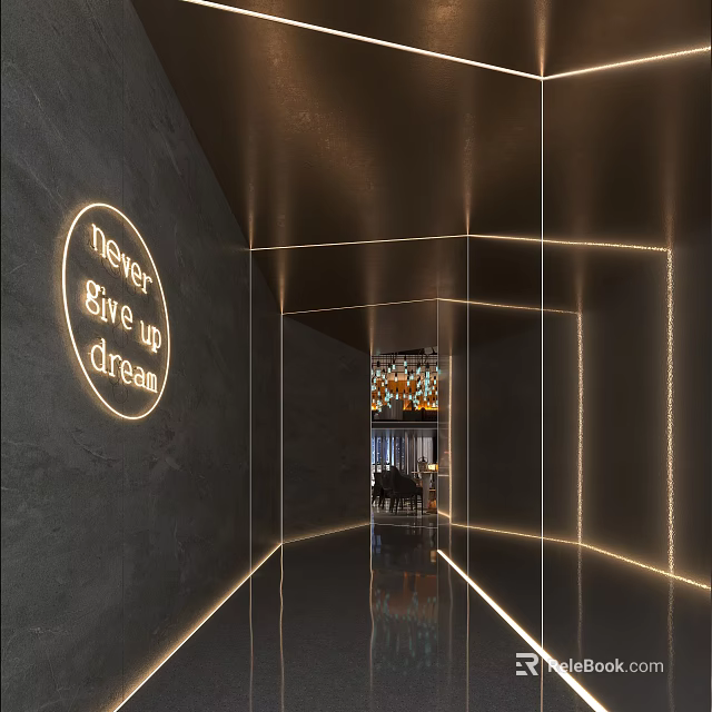 Illuminated Elevator Hallway With Reflective Floor Lighting Strips And Inspirational Quote Wall Art 3d model 