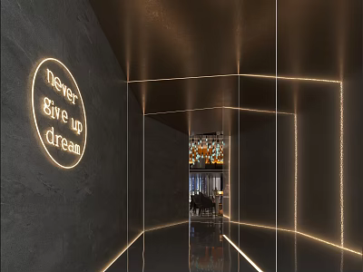 Illuminated Elevator Hallway With Reflective Floor Lighting Strips And Inspirational Quote Wall Art 3d model