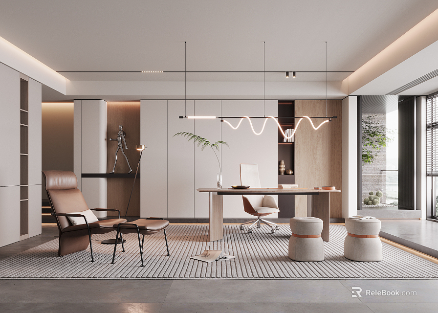 Modern Study Room Interior With Wooden Desk Comfortable Chair And Pendant Lighting 3d model 