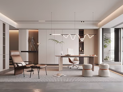 Modern Study Room Interior With Wooden Desk Comfortable Chair And Pendant Lighting 3d model