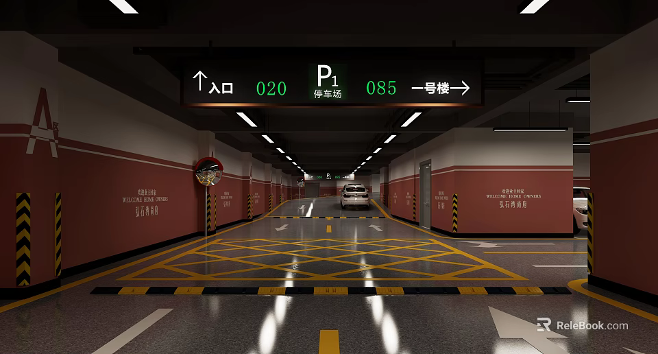 Underground Parking Garage With Directional Signs Numbers Yellow Grid Lines And Parked Car 3d model 