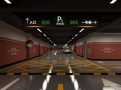 Underground Parking Garage With Directional Signs Numbers Yellow Grid Lines And Parked Car 3d model