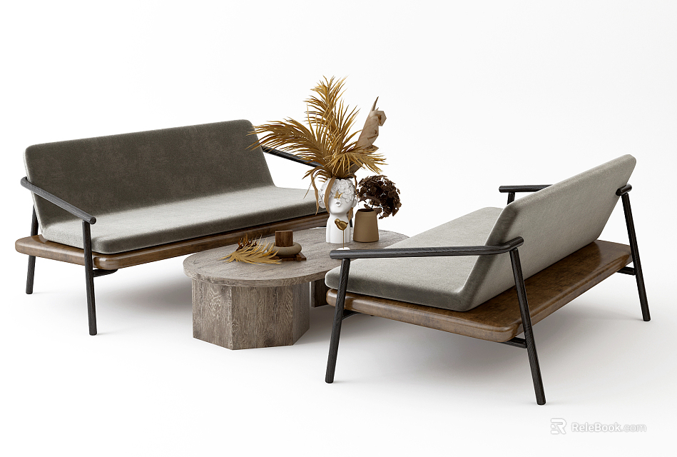 Modern Casual Sofa Set With Wooden Frame Gray Upholstery And Coffee Table 3d model 