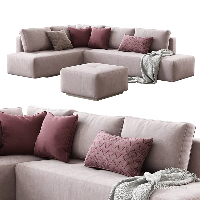 Light Gray Sectional Sofa Interior With Maroon Gray Patterned Pillows Ottoman And Cozy Throw Blanket 3d model