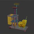 Professional Cleaning Cart With Yellow Trash Bins Blue Shelves And Wheels