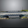 Metal Truss Bridge Architectural Design With Blue Deck Roadway Greenery And Street Lamps