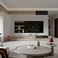 Modern Living Dining Room Interior With Sofa Green Cushions Round Coffee Table And Decorative Painting