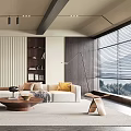 Modern Elegant Living Room Interior With Beige Sofa Wooden Coffee Table And Bookshelf