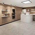 Modern Tea Room Interior Design With White Counter Bar Stools Brown Walls And Shelves
