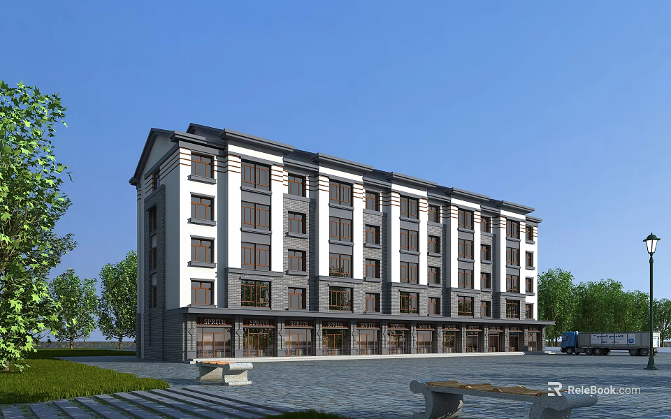 Modern Multi Story Residential Building With Ground Floor Shops And Greenery Plaza 3d model 