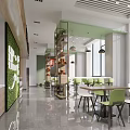 Modern Restaurant Interior With Green Wall Dining Tables Chairs And Natural Light 3d model