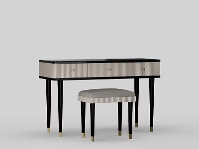 Elegant Modern Dressing Table Design With Drawers Black Legs Gold Accents And Matching Stool 3d model