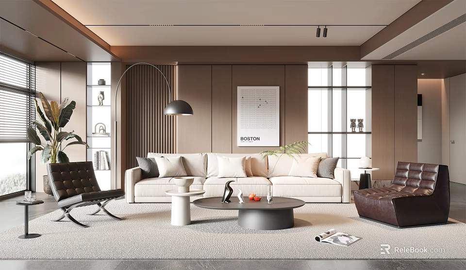 Modern Living Room Interior With Spacious Sofa Artwork And Plants 3d model