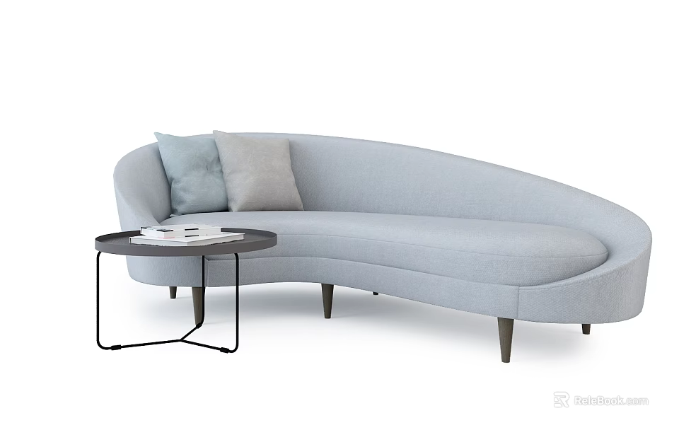 Light Blue Curved Sectional Sofa With Throw Pillows And Round Side Table 3d model