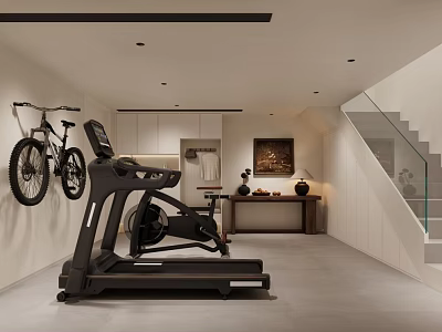 Modern Entertainment Room Interior With Treadmill Wall Mounted Bicycle And Cabinets 3d model