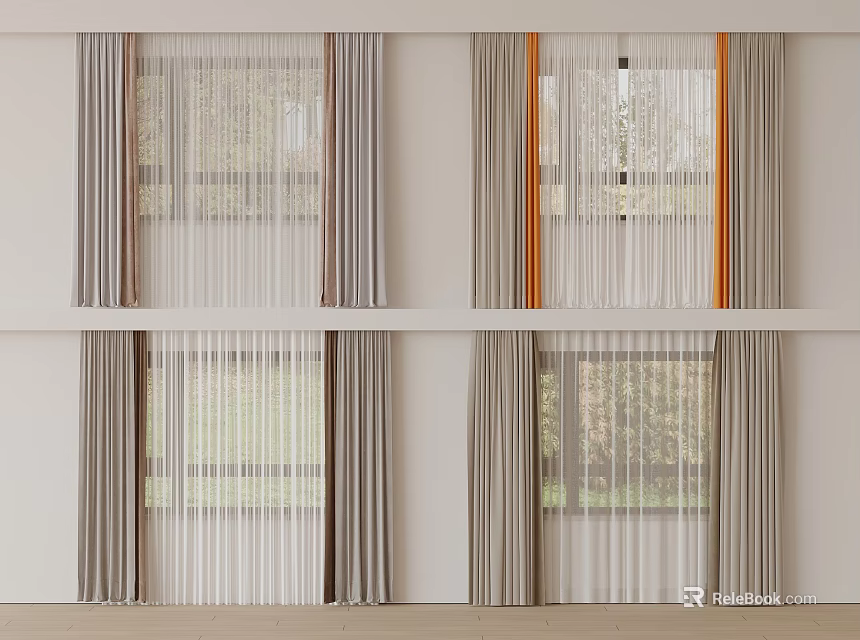 Gray And Orange Window Curtains With White Sheer Layers For Multiple Windows 3d model