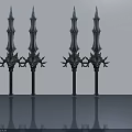 Decorative Metal Swords With Spiked Design Standing On Smooth Floor With Reflection