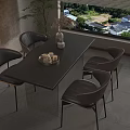 Modern Dark Dining Table With Leather Chairs And Metal Legs Near Window Greenery