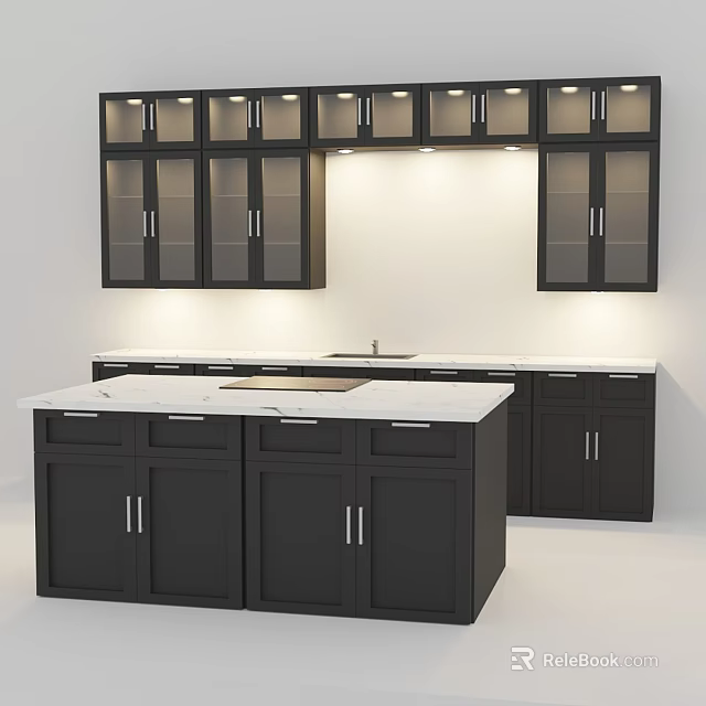 Modern Kitchen Interior With Black Cabinets Marble Countertop Central Island And Glass Doors 3d model 