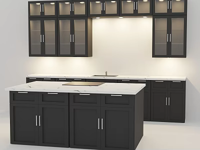 Modern Kitchen Interior With Black Cabinets Marble Countertop Central Island And Glass Doors 3d model