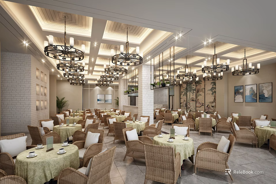 Inviting Café Interior With Wicker Chairs Green Tablecloths Chandeliers And Decorative Paintings 3d model 