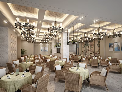 Inviting Café Interior With Wicker Chairs Green Tablecloths Chandeliers And Decorative Paintings 3d model