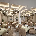 Inviting Café Interior With Wicker Chairs Green Tablecloths Chandeliers And Decorative Paintings