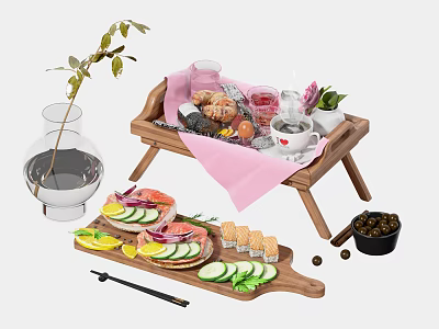 Fresh Japanese Food On Wooden Tray With Sushi Sandwiches Lemon Slices And Coffee 3d model