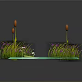 Water Pond Scene With Green Lily Pads Purple White Flowers And Orange Reeds