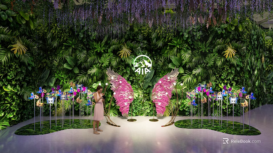 Perfect Photo Spot Featuring Lush Green Plant Wall Hanging Purple Vines And Pink Butterfly Wings 3d model 