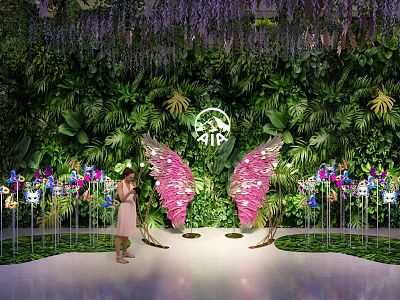 Perfect Photo Spot Featuring Lush Green Plant Wall Hanging Purple Vines And Pink Butterfly Wings 3d model