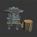 Traditional Copper Lantern Structure With Pagoda Roof Window Panels And Wooden Log Stump