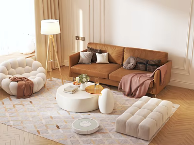 Brown Sofa and White Round Coffee Table Set with Throw Pillows Blanket Ottoman Floor Lamp 3d model