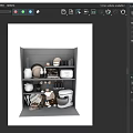Stylish Kitchen Utensils Display On Shelves With Coffee Maker Toaster Kettle And Mixer
