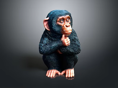 Detailed Black Chimpanzee Figurine Sitting With Hand on Chin in Thoughtful Pose 3d model