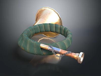 Vintage Brass Horn Equipment With Green Padded Ring Metal Tube And Chain 3d model