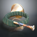 Vintage Brass Horn Equipment With Green Padded Ring Metal Tube And Chain