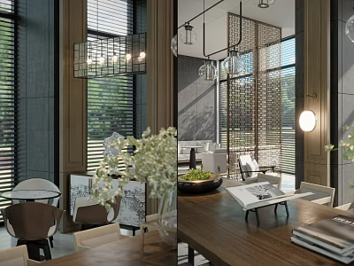Modern Luxury Sales Office Interior Design With Large Windows Blinds Pendant Lights And Green Plants 3d model