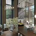 Modern Luxury Sales Office Interior Design With Large Windows Blinds Pendant Lights And Green Plants