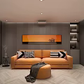 Modern Home Theater Interior With Orange Sofa Striped Wall And Decorative Painting