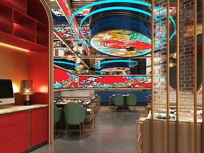 Stylish Restaurant Interior Featuring Red Cabinets Green Chairs Decorative Ceiling And Colorful Murals 3d model