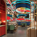 Stylish Restaurant Interior Featuring Red Cabinets Green Chairs Decorative Ceiling And Colorful Murals