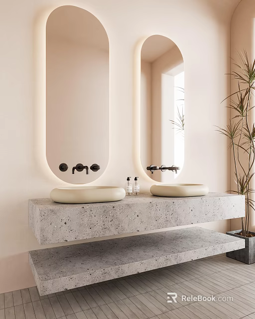 Modern Double Washbasin with Concrete Countertop and Oval Backlit Mirror 3d model 
