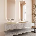 Modern Double Washbasin with Concrete Countertop and Oval Backlit Mirror