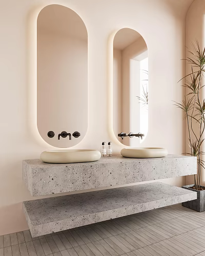 Modern Double Washbasin with Concrete Countertop and Oval Backlit Mirror 3d model