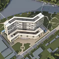 Modern Office Building Aerial View With Glass Facade Greenery And Roads