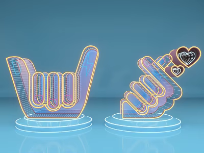 3D Neon Gesture Sculptures With Heart Design On Blue Background Stands 3d model
