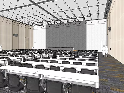 Spacious Conference Room Interior With Rows Of Tables Chairs Large Screen And Ceiling Lights 3d model
