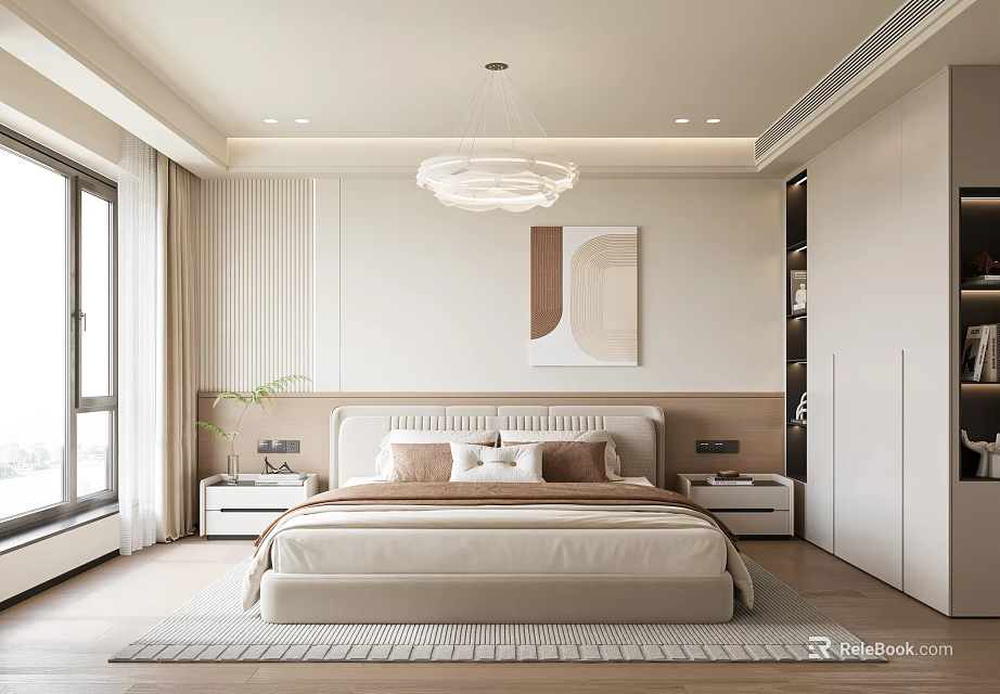 Modern Bedroom Interior Design With Chandelier Bed Nightstands Rug And Decorative Painting 3d model 