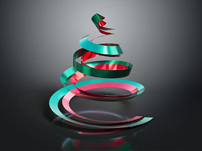 Shiny Metallic Spiral Ribbon Structure In Green And Red With Dark Background Reflection 3d model